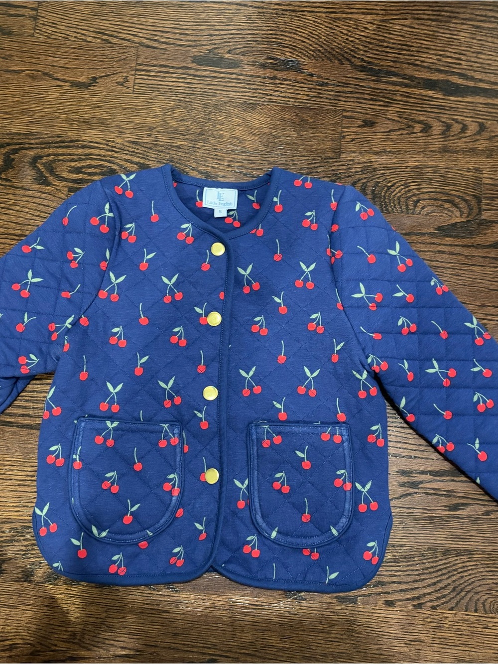 Little English Navy Quilted Jacket with Red Cherry Print